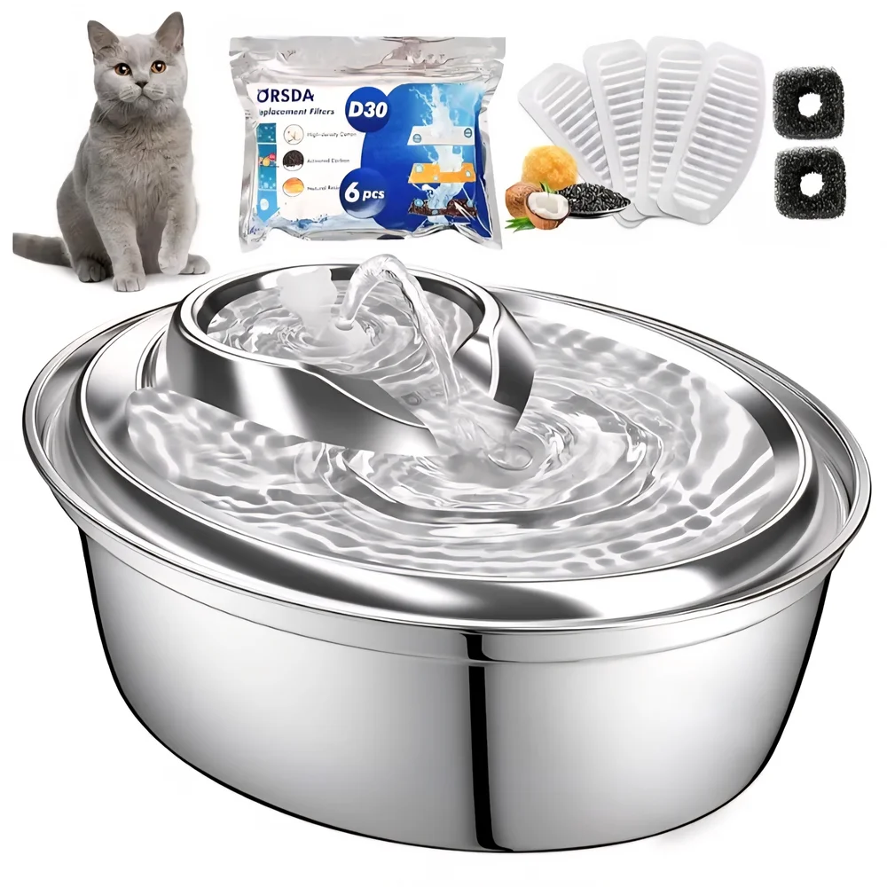 ORSDA Stainless Steel Cat Water Fountain Bowl - Silver